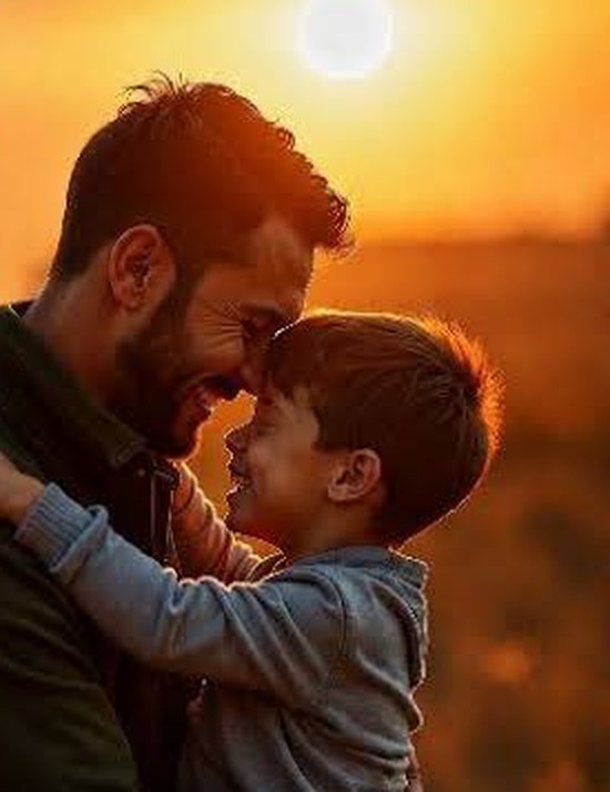 Padre abrazando a su hijo al atardecer
